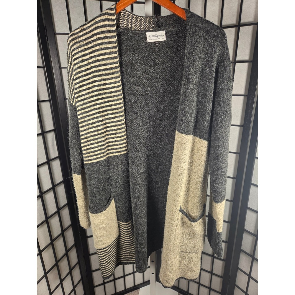 JJ Boutique Colorblock Cozy Costal Striped Open Front Cardigan Grey Cream L/XL